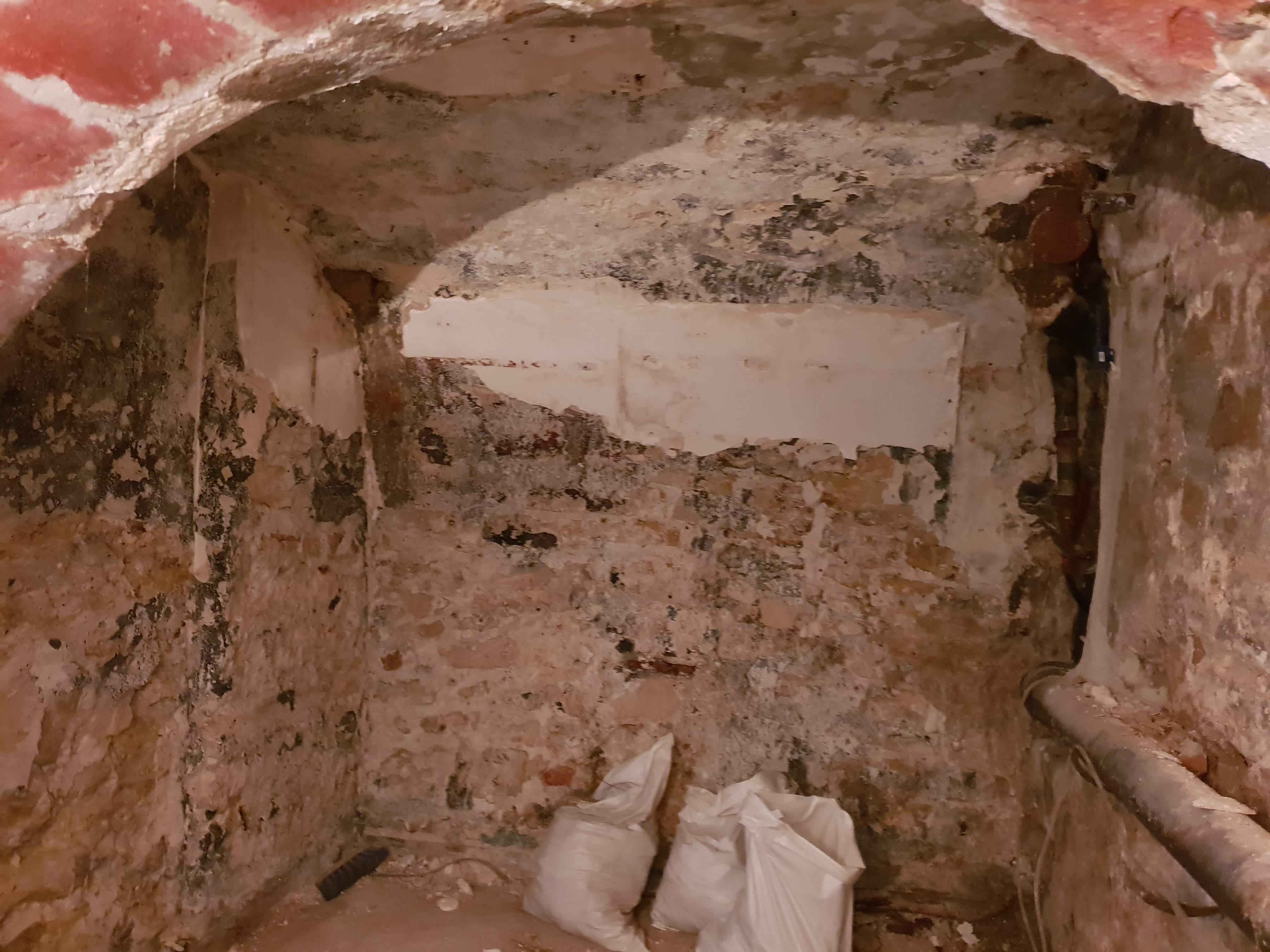 Cave parisienne insalubre avant traitement : murs couverts de moisissures et de salpêtre, sol en terre