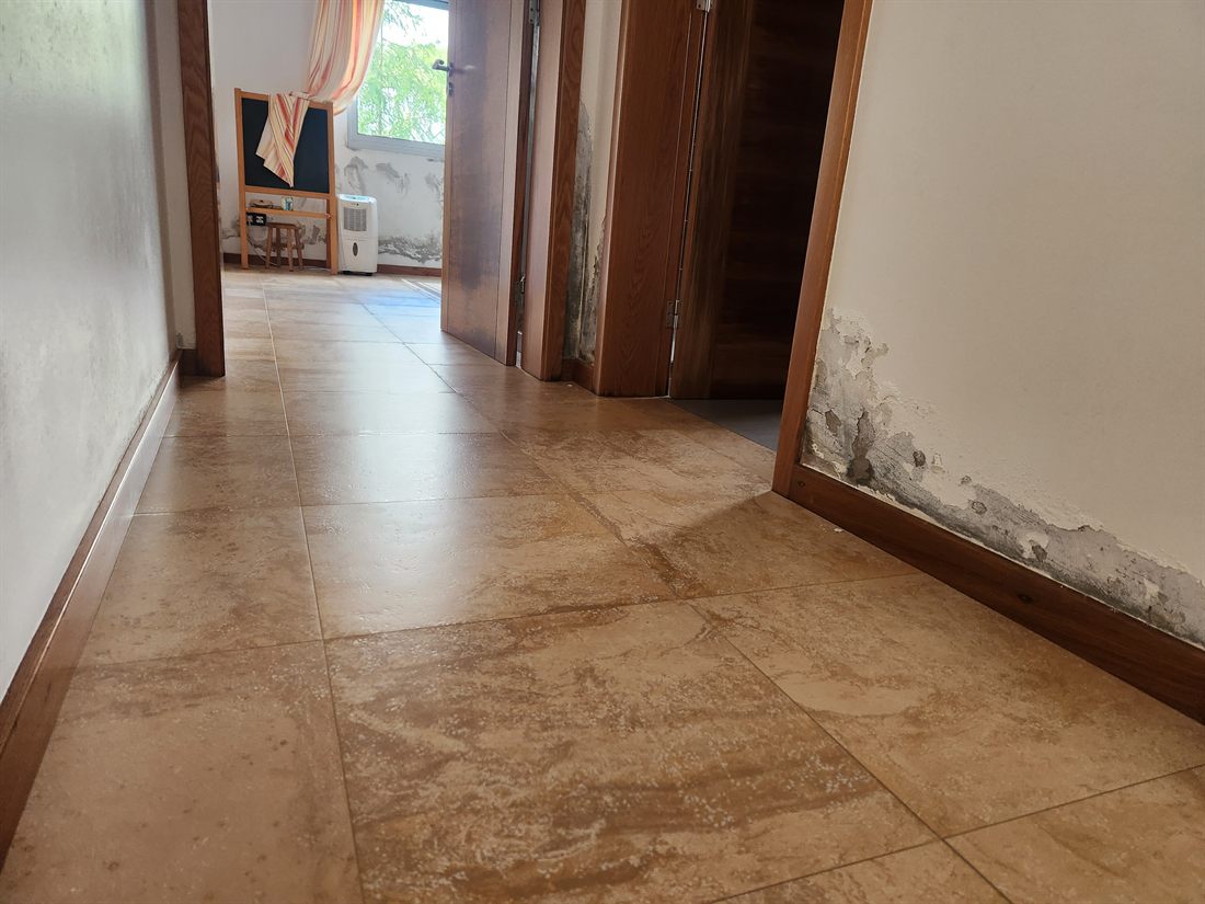 Bas de mur humide et salpêtre sur le bâti ancien de la basse ville de Chartres